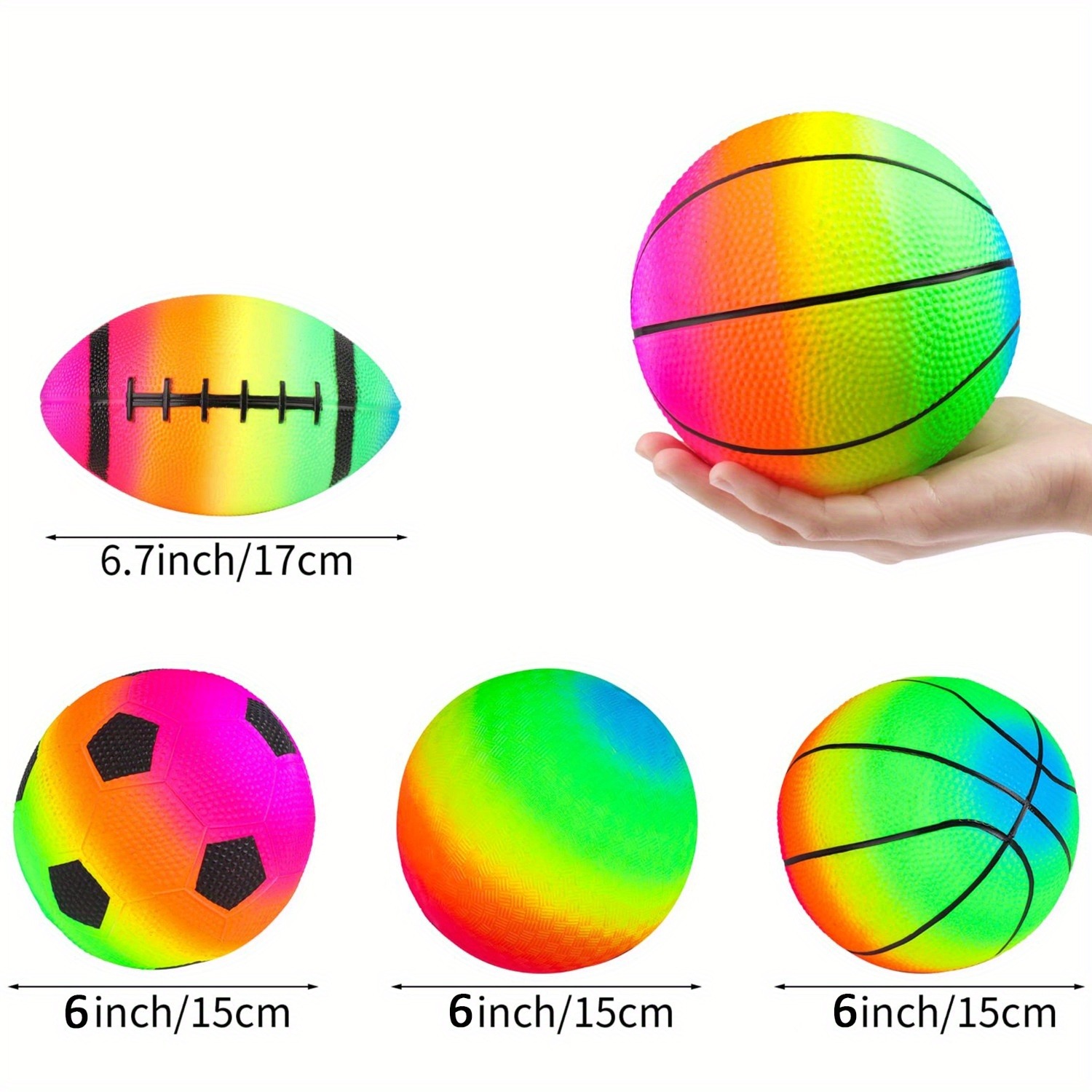 4 PCS Rainbow Sports Balls Set with Pump - 6" Football, Basketball, Soccer & Playground Balls, Summer Toy for Indoor/Outdoor Games - Perfect for 