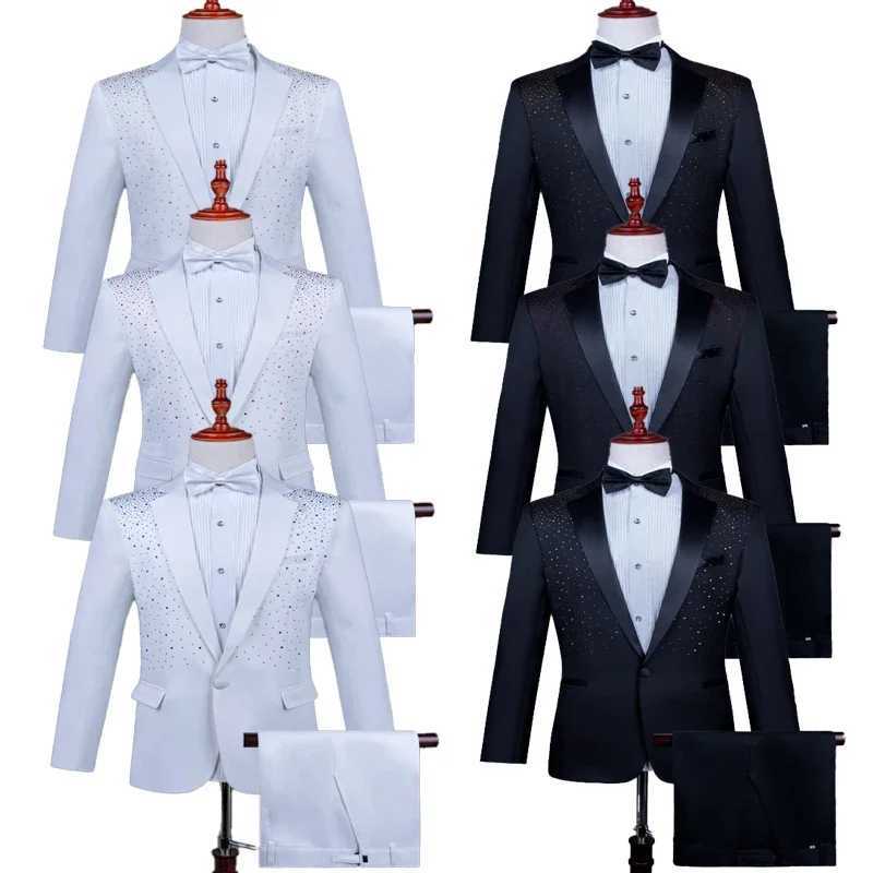 2025 New Black and White Hot Diamond Suits for Men 2-piece Male Group Chorus/Singer Host/Anchor Dress Performance MC Blazer+Pant X250704