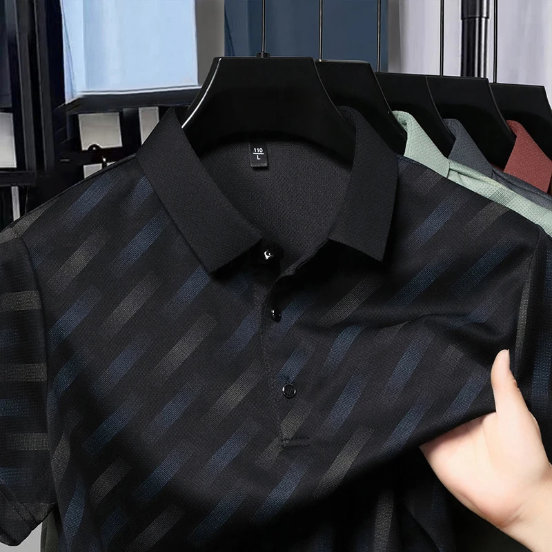 Summer Mens Casual Fashion High-end Lapel Ice Silk Polo Shirt Dad Outfit 250704
