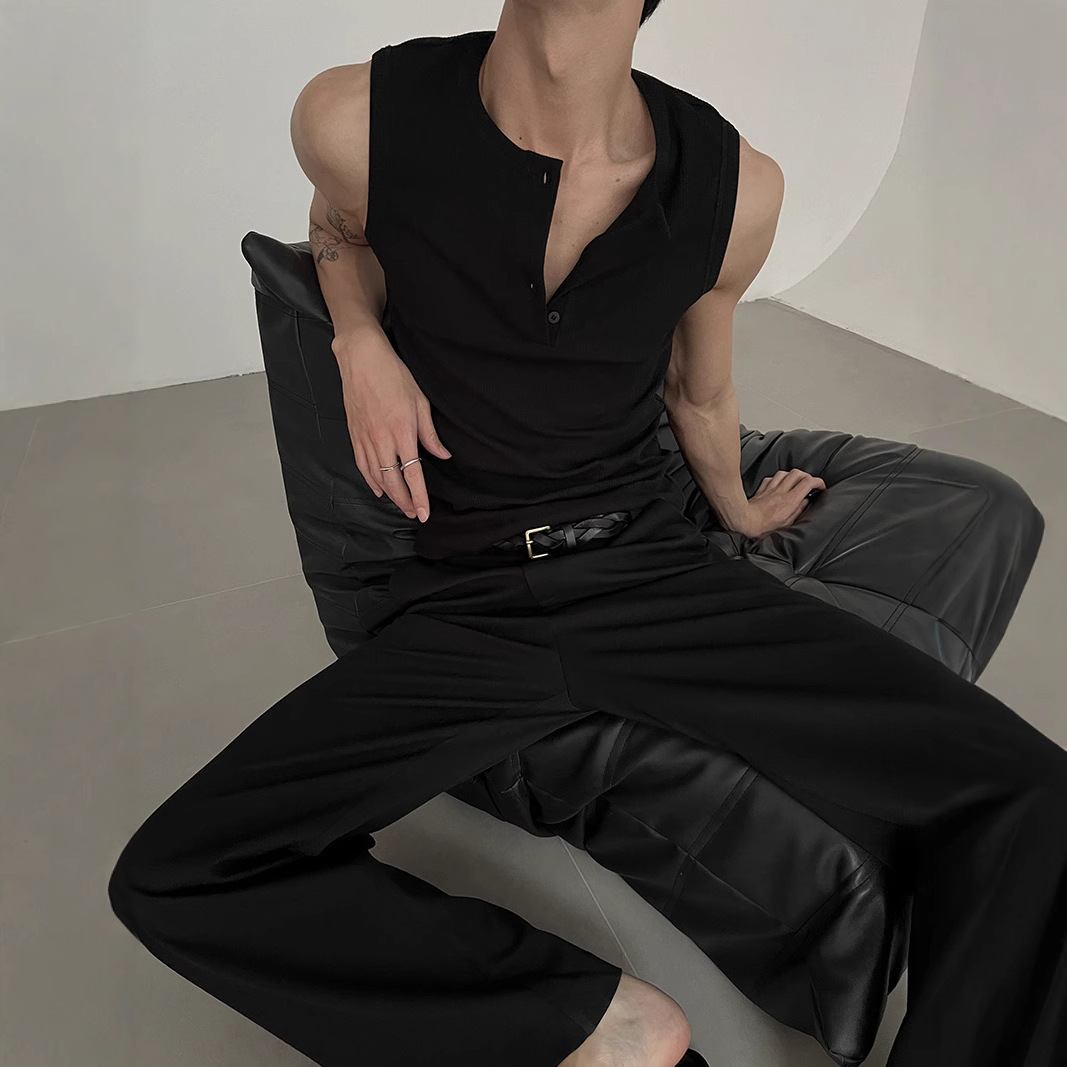 Designer Short Sleeves American Street Style High-end Henry Collar Sports Vest Summer Island Vacation Beach Style