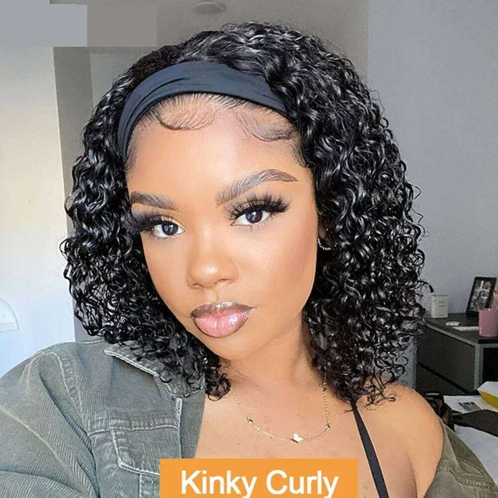 Water Wave Headband Kinky Curly Wigs For Women BrazilianFull hine Made Remy Human Hair Scarf Wig