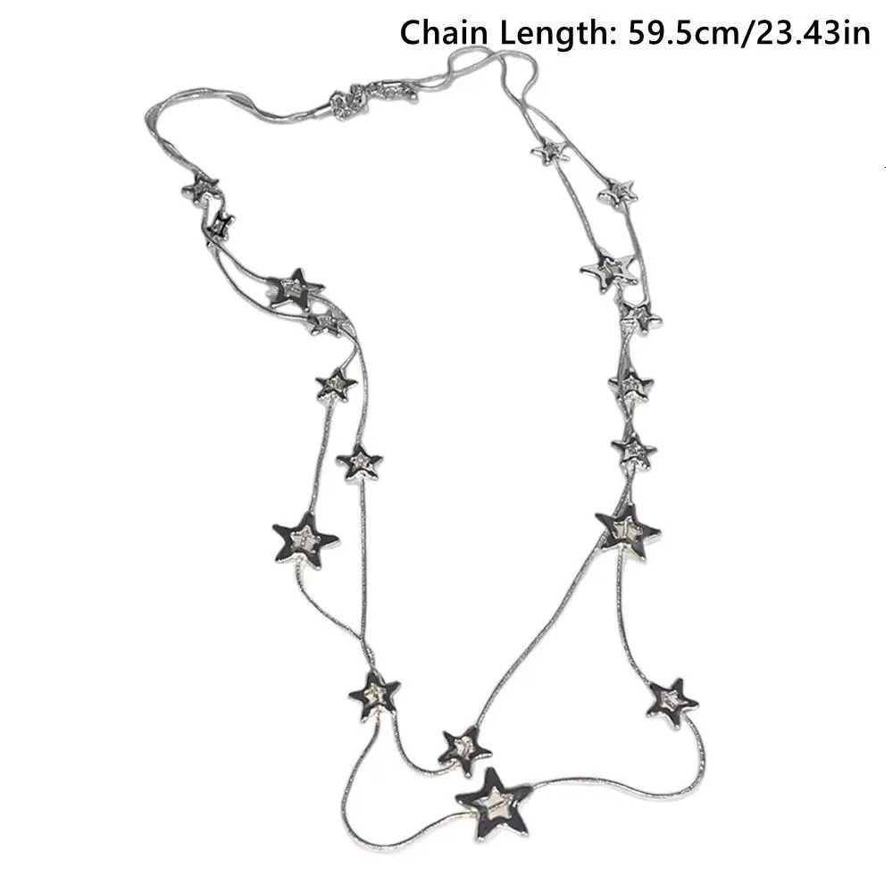 Alloy Pentagram Star Pendant Silver Color Punk Long Chain Necklace Double Layer Y2K Style Choker 250701