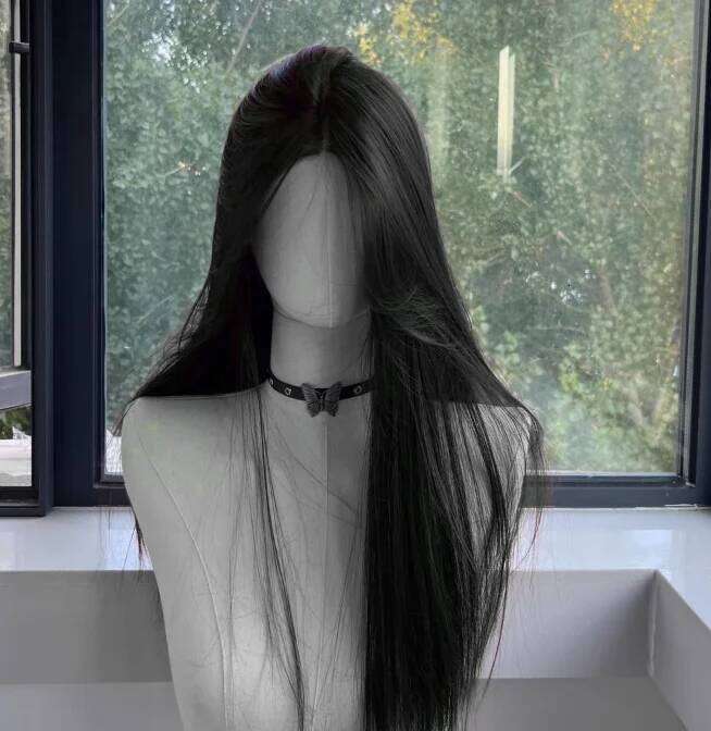 Women Long Straight Hair Headband Lace Front Wig Cosplay Temperament for Daily Use Lolita Black Synthetic Wigs