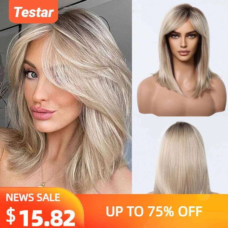 Medium Straight Synthetic Wig Light Golden Blonde Layered Wigs for Women Daily Cosplay Party Use Heat Resistant Fibre Fake Hair