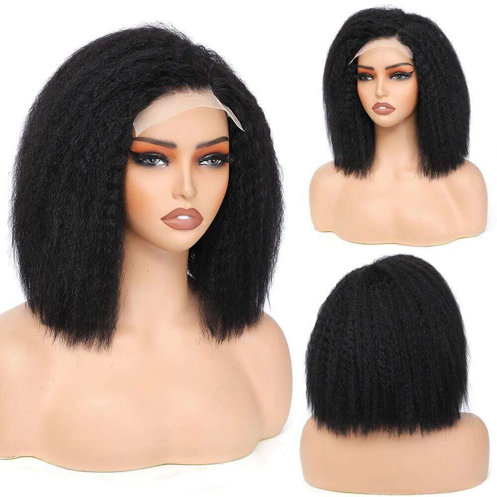 Transparent Kinky Straight Front Pre Plucked Yaki 5X5 Short Human Hair Wigs For Woman Natural Lace Closure Bob Wig