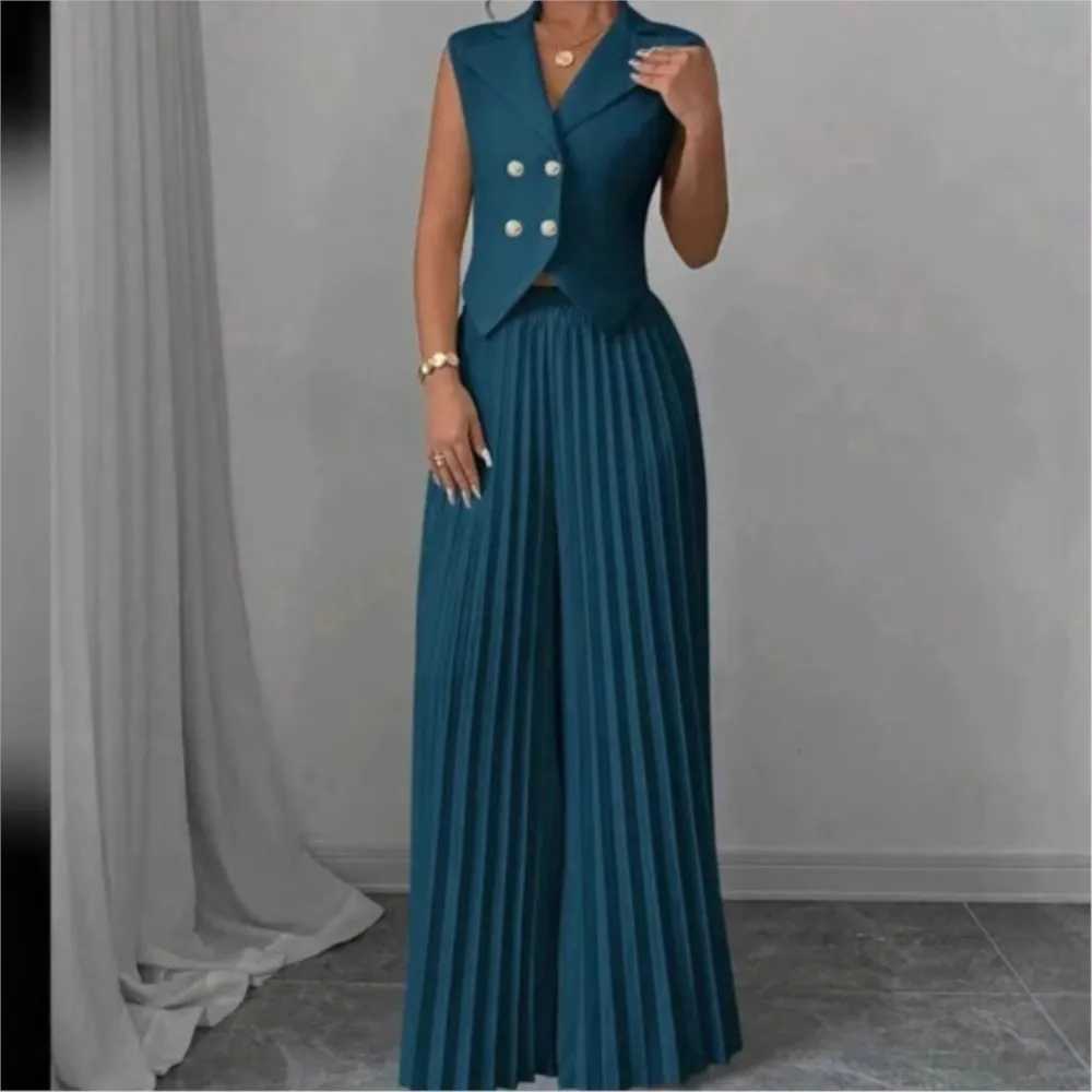 2025 Summer Womens Fashionable Casual Lapel Suit Elegant Commuting Solid Color Slveless Top + Trousers Sexy Two-piece Set X250704