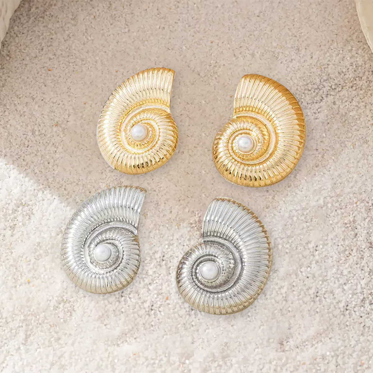 Vintage Retro Imitation Pearl Conch Starfish Shell Beach Vacation Style Stud Earrings