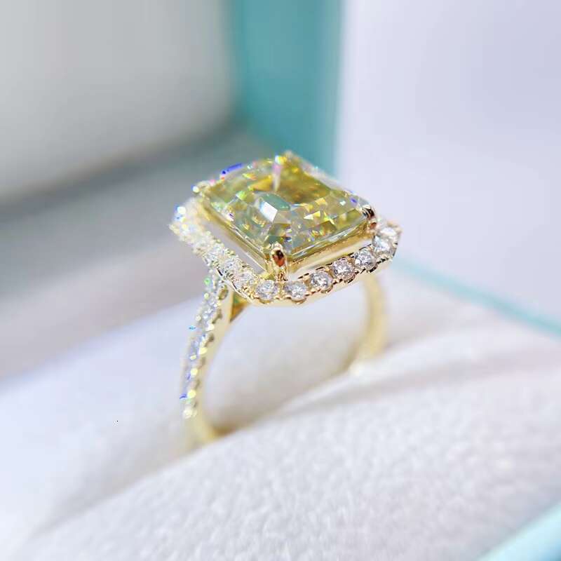 Classic Design Emerald Cut Yellow Canary Gold Moissanite Engagement Ring 10K Solid Gold