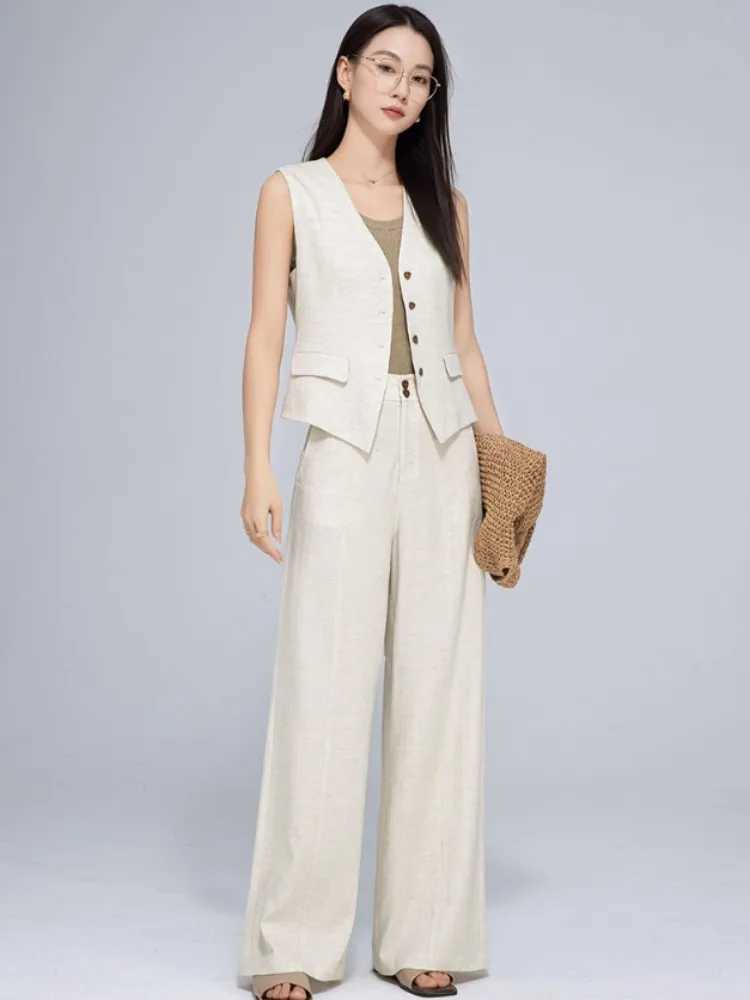 Summer Office Women Single Breasted Slveless Vest High Waist Wide Leg Pants Two Piece Set Casual Harajuku Matching Set Outfit X250704