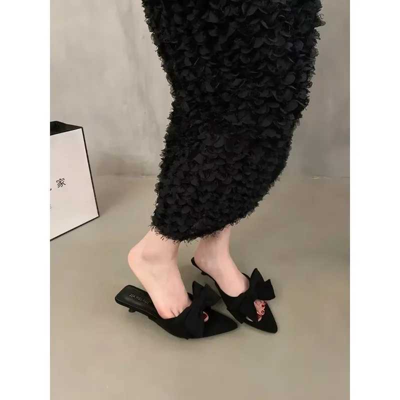 Low-heeled pointed fairy-style sandals apricot womens 2025 new summer bow French temperament sandals large size womens shoes W250704