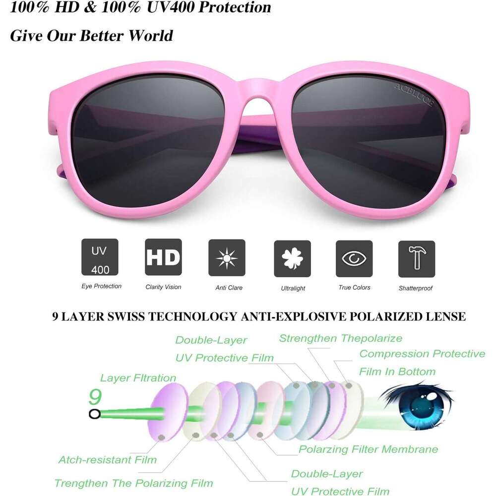 Polarized Sports Kids 3 Sunglasses TPEE Frame with Adjustable Strap for Boys Girls Age 6-12
