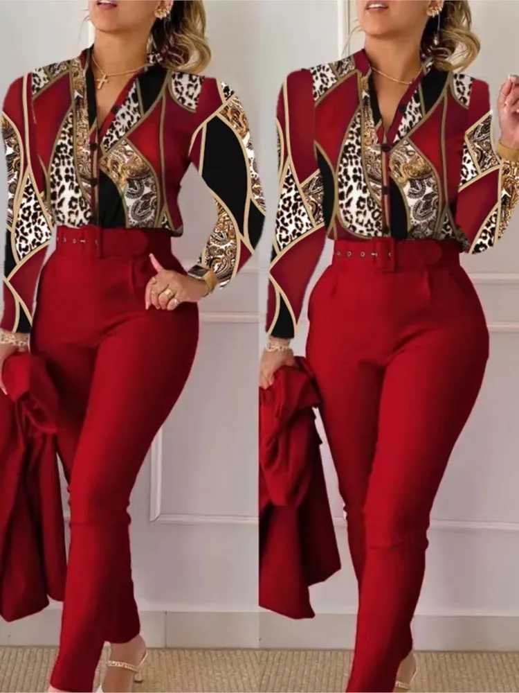 Elegant Women Printed Two Piece Suit Sets Spring Autumn V Neck Long Slve Shirt Top Long Pants Set With Belt Workwear Outfits X250704