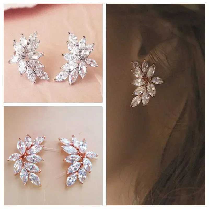8 Chic Leaf Stud Earrings with AAA Marquise Cubic Zirconia Delicate Accessories for Women Wedding Party Statement Jewelry Y250704