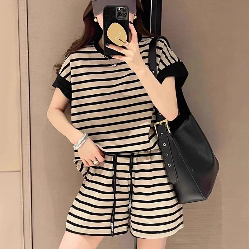 Women Striped Clothing Sets Short Sleeve TshirtDrawstring Shorts Two Pieces Suits Summer Loose Tracksuit Ladies Casual Outfits 250704