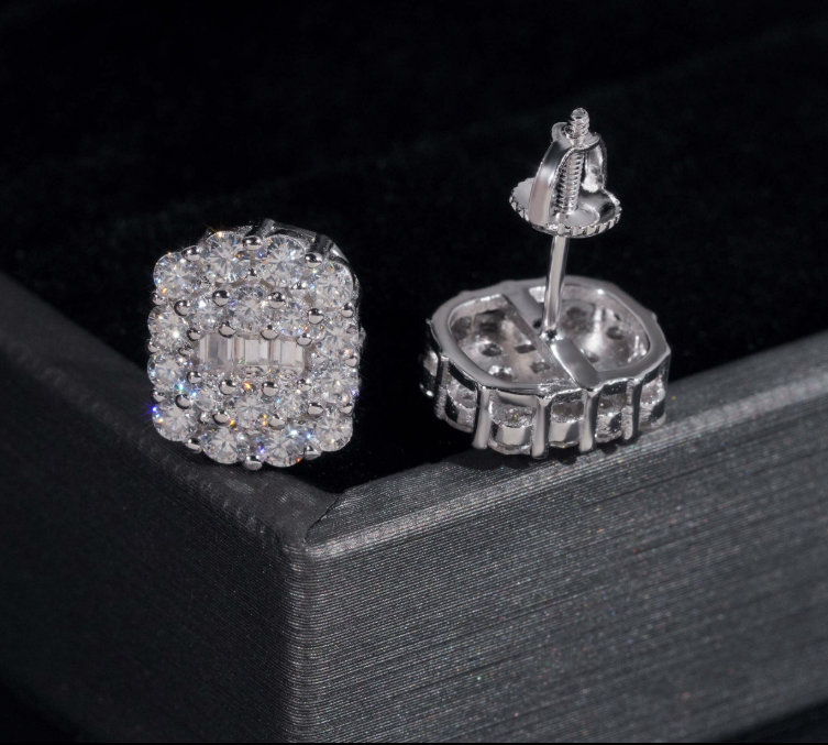 Pass Diamond Tester GRA Certified Fully Iced Out Hip Hop 925 Silver Jewelry Baguette Moissanite Stud Earrings