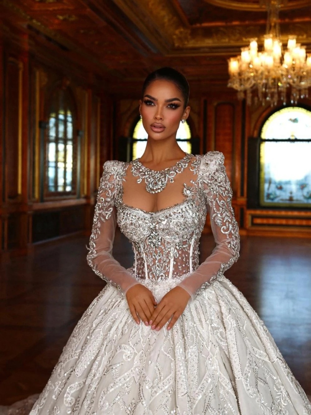 Gorgeous Wedding Dresses Rhinestone Bridal Ball Gowns Crystal Long Sleeves O Neck Princess Sweep Train Customized Bride Vestidos De Novia Plus Size