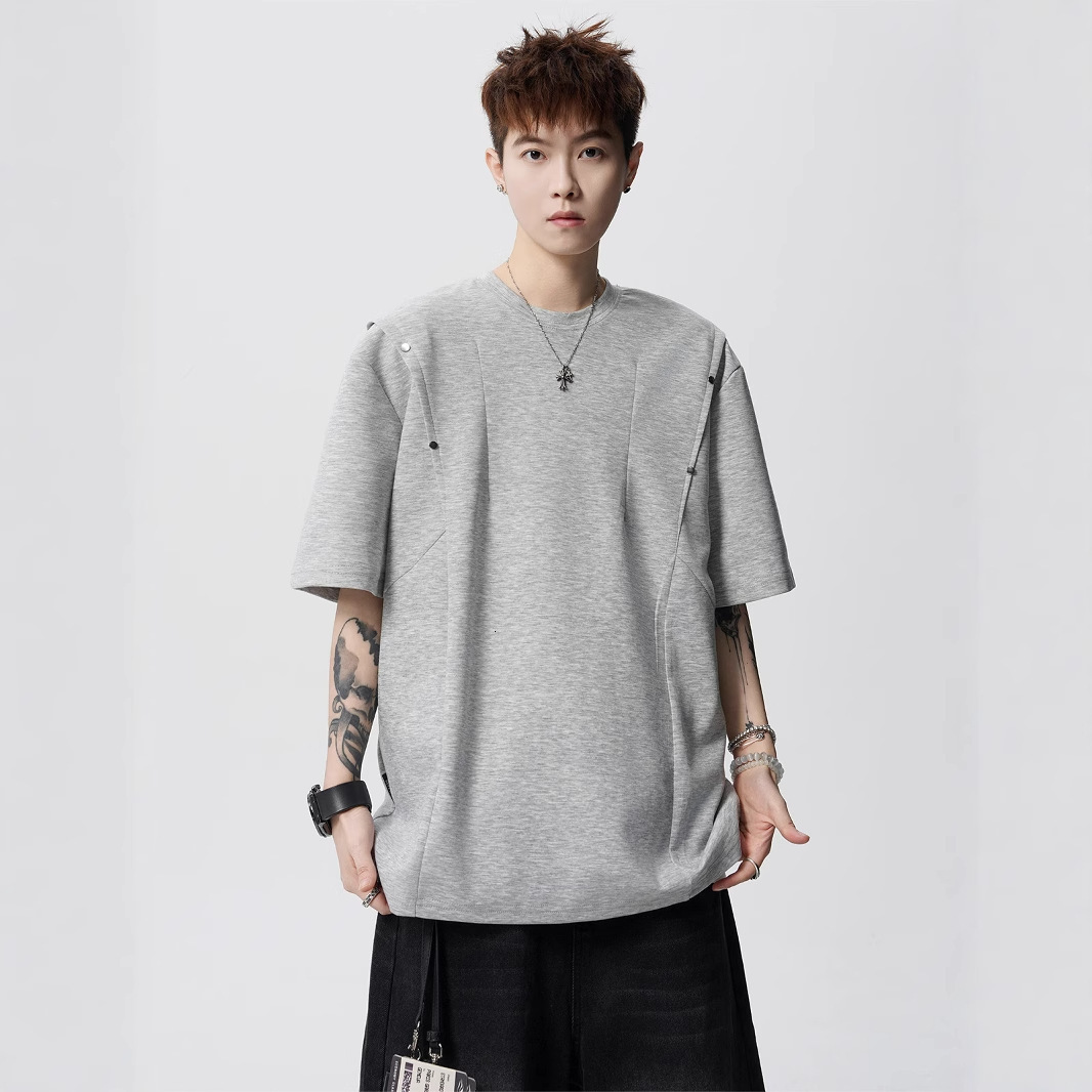 High Street Rivet Design Designer Short Sleeves T-shirt For Men Summer American Retro Deconstructed Short Sleeve Heavyweight Boxy Loose Five-quarter S