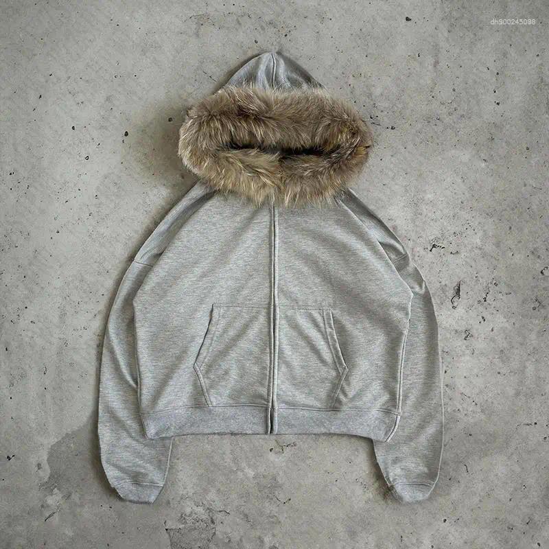 Men's Hoodies Dark Faux Fur Collar Harajuku Hiphop Zip Up Hoodie Oversized Punk Zipper Sweatshirt Retro Goth Streetwear Jacket
