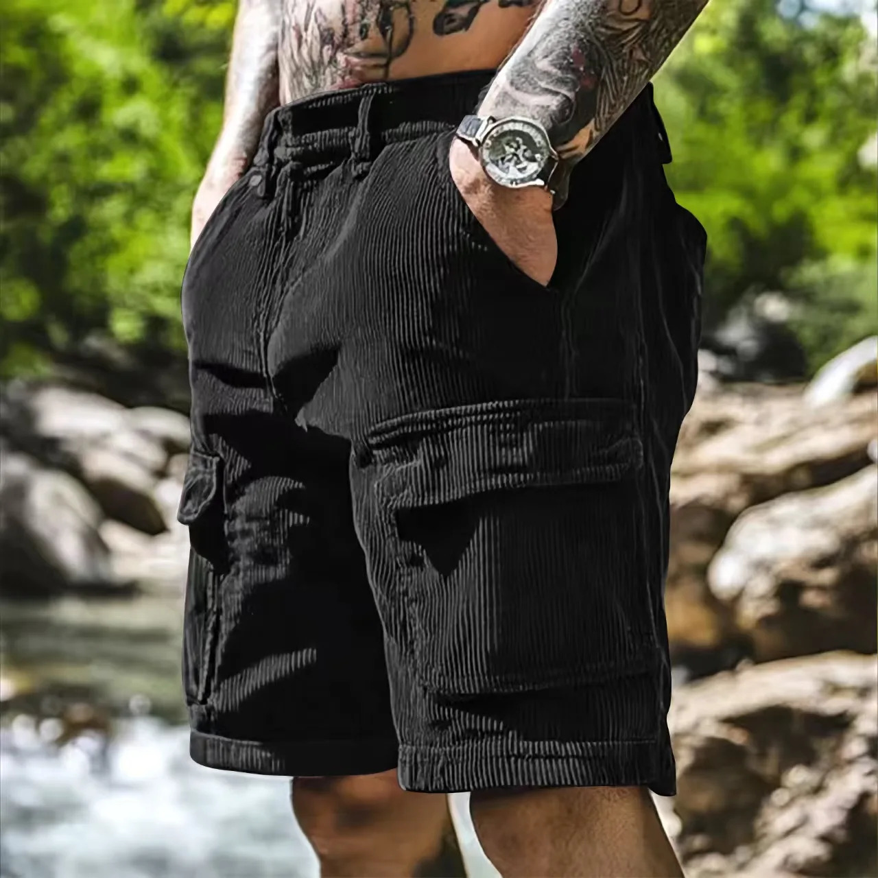 Summer Trendy Loose Straight Corduroy Shorts For Men Casual Solid Color Cargo Pants Fashion Patchwork Pockets Short 250704