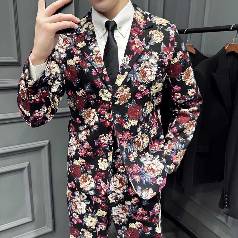 Navy Blu Mens 2-Piece Printed Suit Single Button V-Collar Cotton Jacket with Trousers Asian Fit M-5XL All-Season Wear X250704