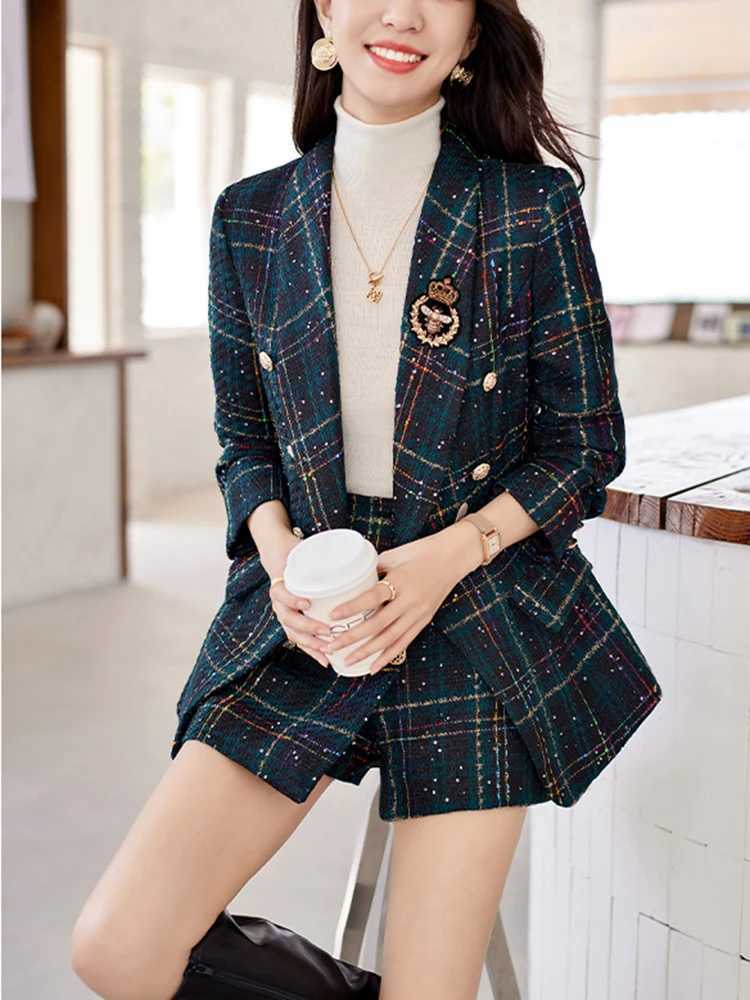 ZJYT Elegant Plaid Twd Blazer Shorts Suits Autumn Winter Outfits for Women 2 Piece Business Chic Office Matching Set Plus Size X250704