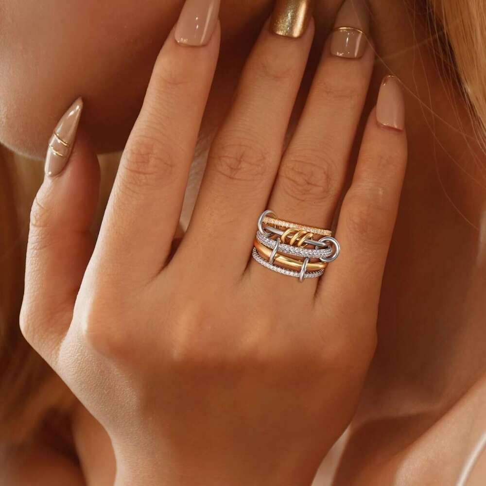 Designer Hot New Product Stacked Cubic Zirconia Copper Thick High Gloss Gold Silver Double Ring