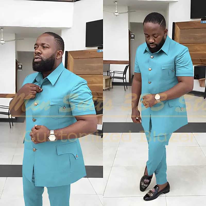Summer Mens Suits Solid Color Short Sleeve Single Breasted Stand Collar Casual Outfits 2 Piece Jacket Pants Set Slim Fit Terno X250704