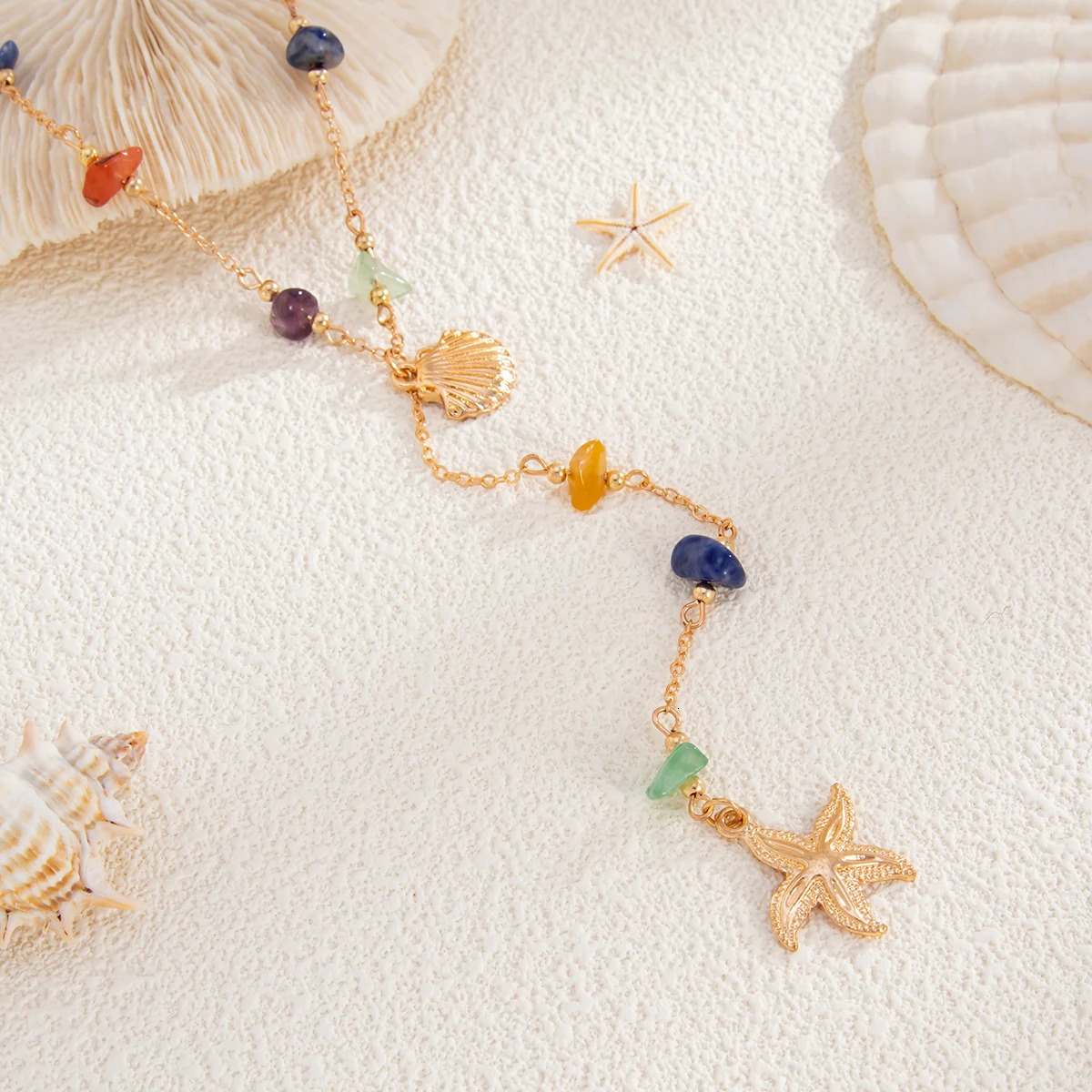 Ingemark Fashion Colourful Stone Starfish Conch Pendant Necklace Women Bohemia Long Tassel Chain Summer Beach Y2K Party Jewelry 250701