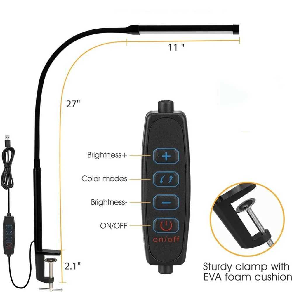 LED Desk lamp with Clamp Eye-Caring Clip Desk Lights for Home Office 3 Modes 10 Brightness Long Flexible Gooseneck Table LampsXJ250703