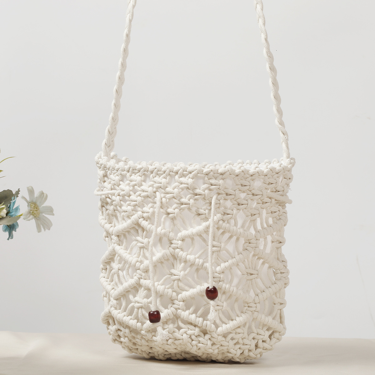 Free Shipping Designer Girl Style Art Fresh Handmade Cotton Thread Bucket Bag Woven Bag Retro Single Shoulder Crossbody Bag Woven Women's Bag