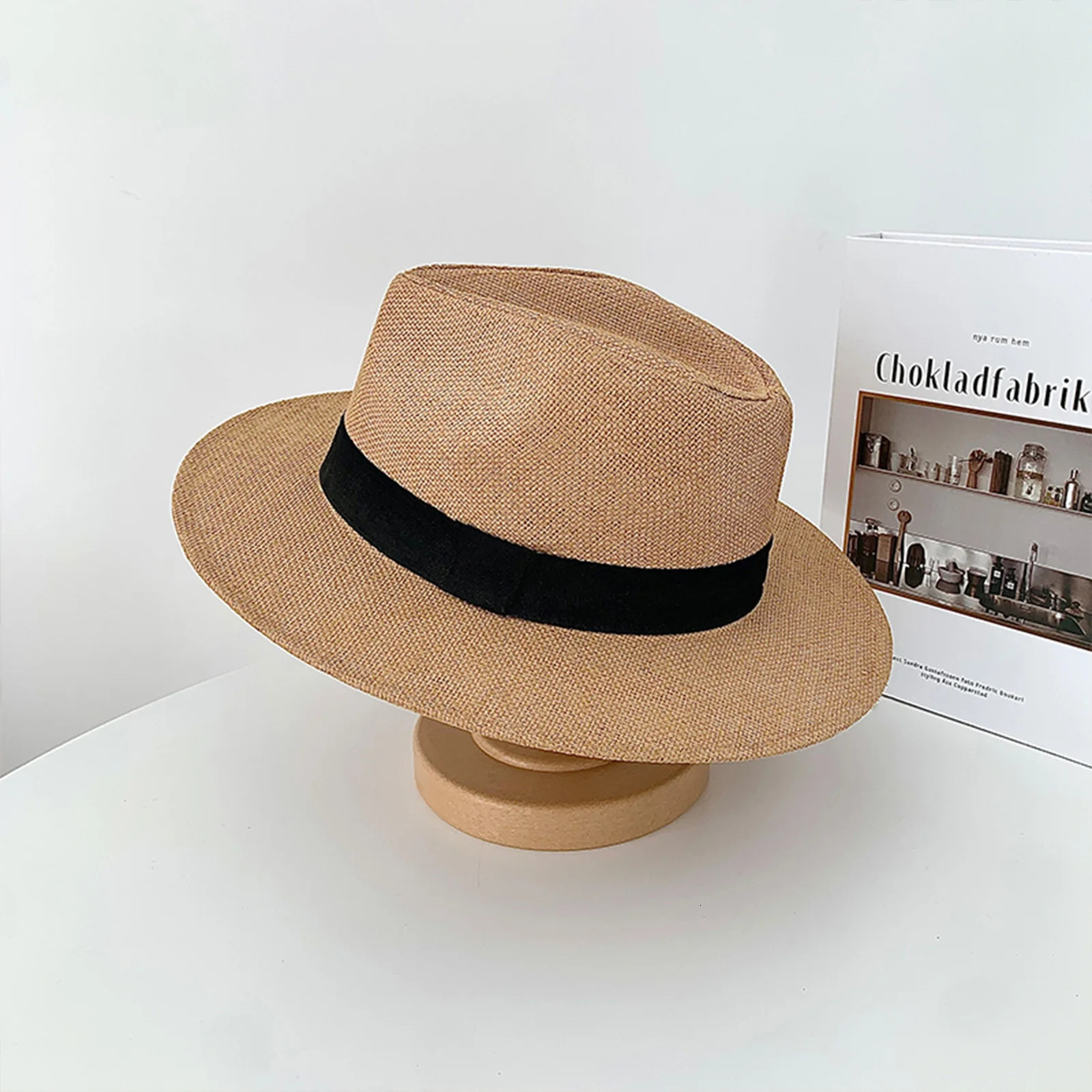 Fashion Summer Casual Unisex Beach Trilby Large Brim Jazz Sun Hat Panama Hat Paper Straw Women Men Cap With Black Ribbon 250701