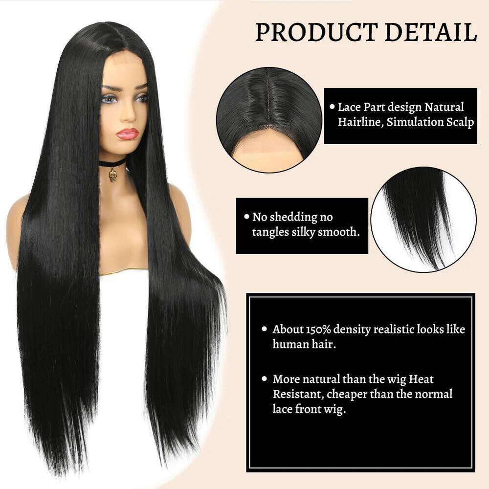 Wignee Long Straight 30 Inch Wig Middle Part Lace With High Lights Synthetic Hair Wigs For Black Women Cosplay