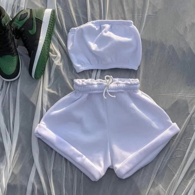 Summer Solid Color Lace Up Tracksuits Women Sleeveless Backless Tube And Shorts Two Piece Sets Casual 2pcs Outfits 250704