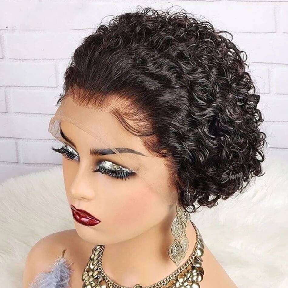 Curly Pixie Cut Water Curl Short Bob Human For Women 13X1 Transparent Lace Hair Cheap Wig Pre Plucked