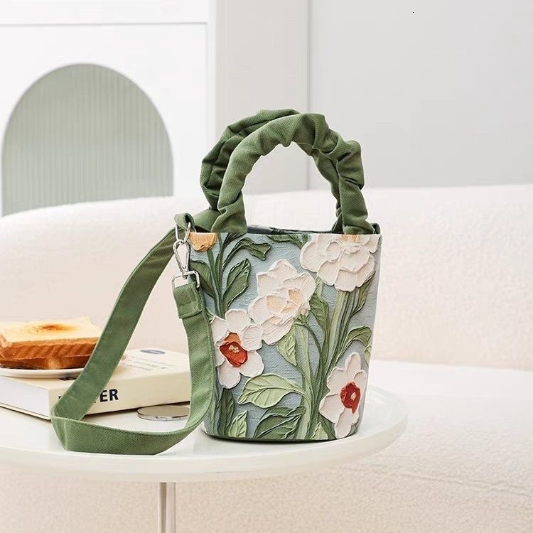 Free Shipping Designer High-end Ten Font Pleated Hand-held Bucket Bag For Women, Korean Version Illustration Art For Women, Watercolor Creativity