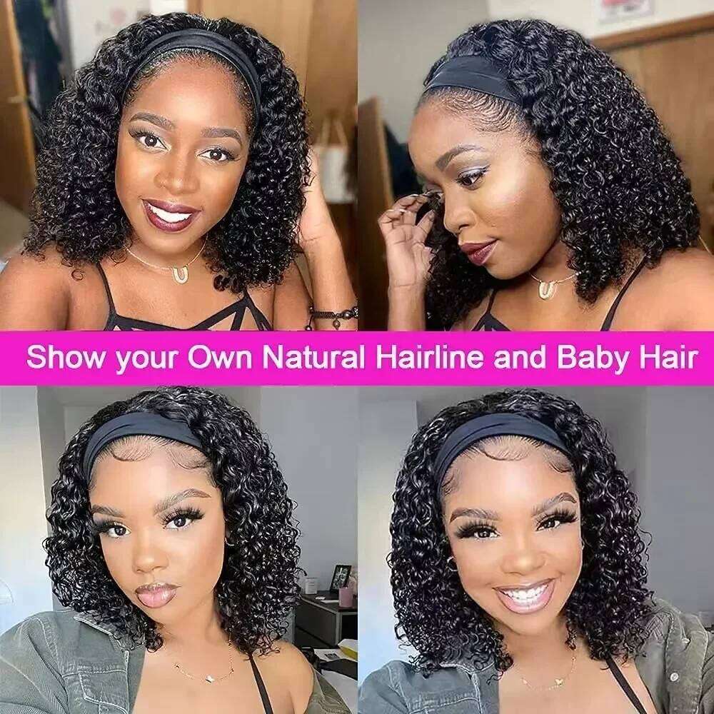 Short Headband Wigs For Women Brazilian Remy Curly Bob Human Hair Wig Lace No Glue Easy To Wear 14 Inches 150%