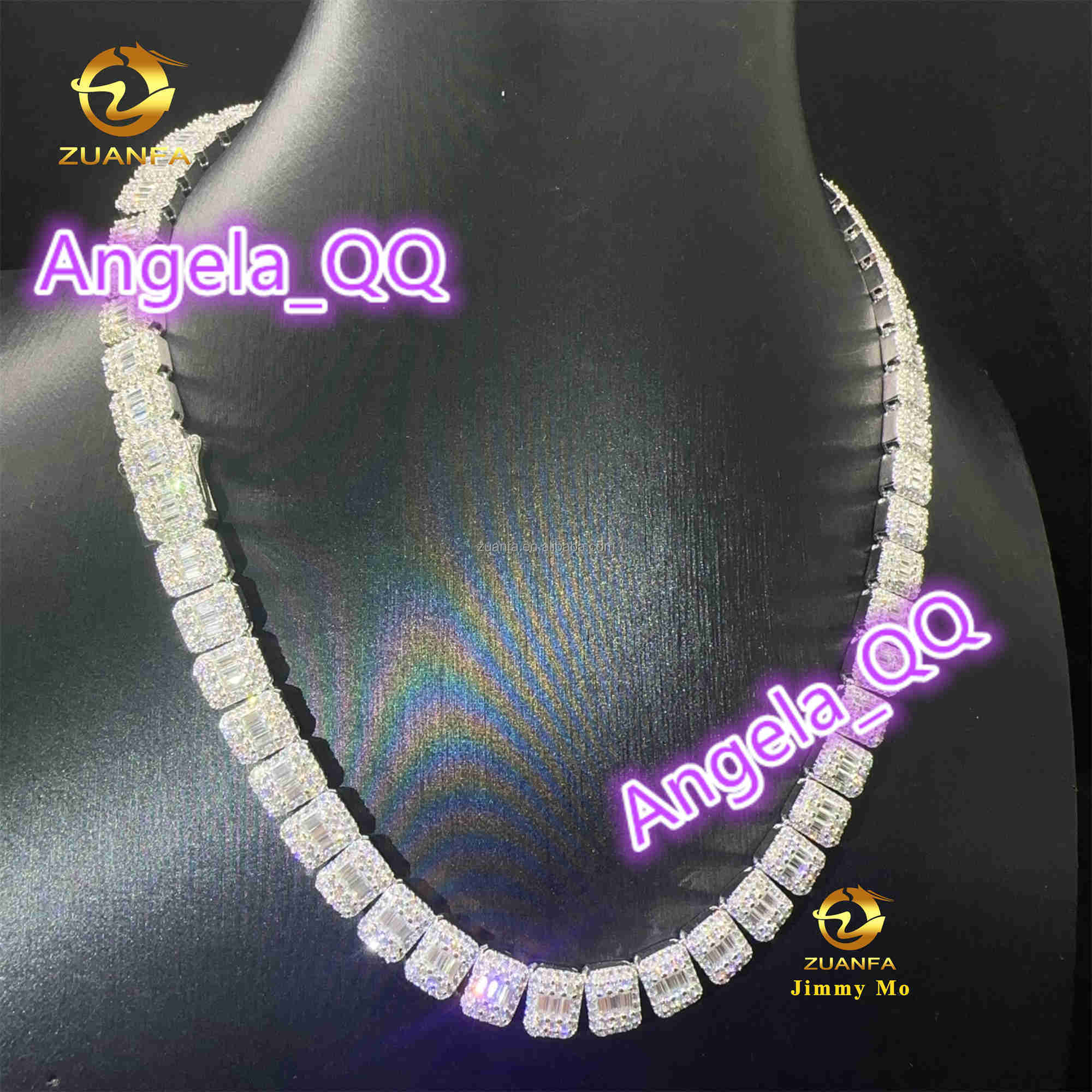 Personalized Hip Hop Style Jewelry Iced Out 925 Solid Silver Rhodium Plated Baguette Moissanite Cluster Tennis Chain Men