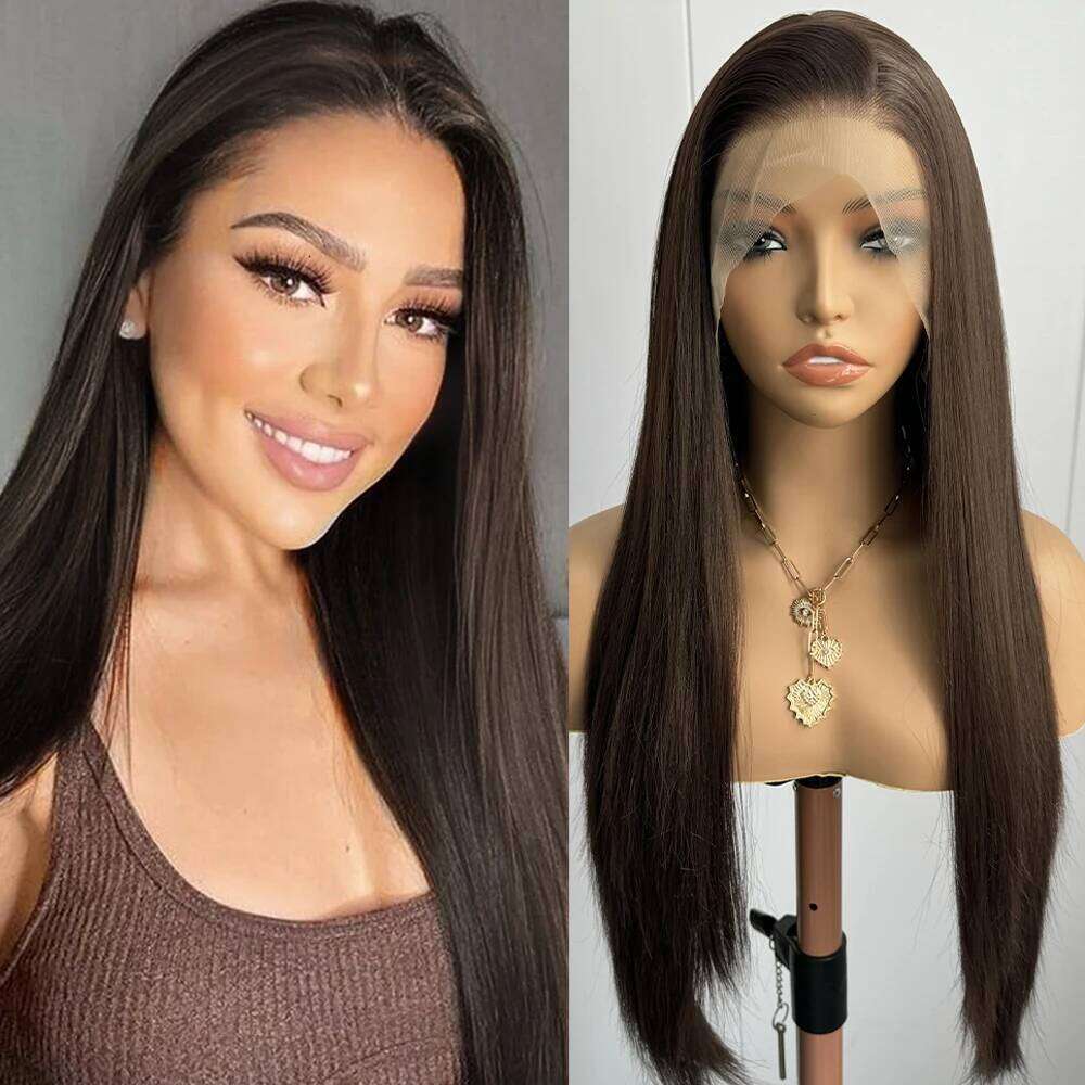 Wig Long Straight Synthetic Front for Women Brunette Hair Dark Chocolate Brown Lace Wigs Daily Use Party Cosplay