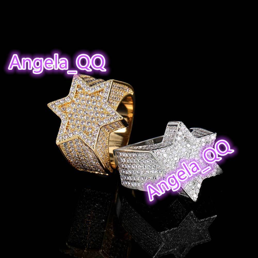 Hip Hop Diamond Rings Jewelry Women Hexagonal Star Micro Paved Moissanite Stone Ring for Men