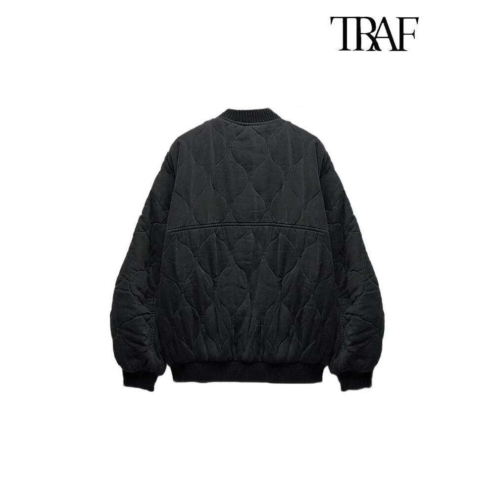 TRAF Women's Fashion Round Collar Single Breasted Long Sleeve Aviator Solid Color Quilted Commuter Warm Casual Jacket 250704