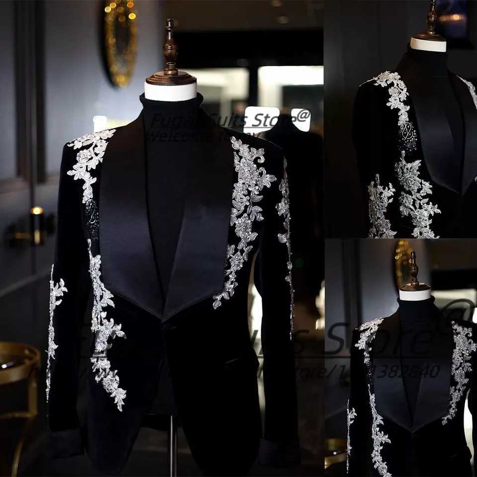 Luxury Shiny Embroidery Wedding Suits For Men Slim Fit Shawl Lapel Groom Tuxedos 2 Pieces Sets High-end Male Blazers Mens Clothing X250704