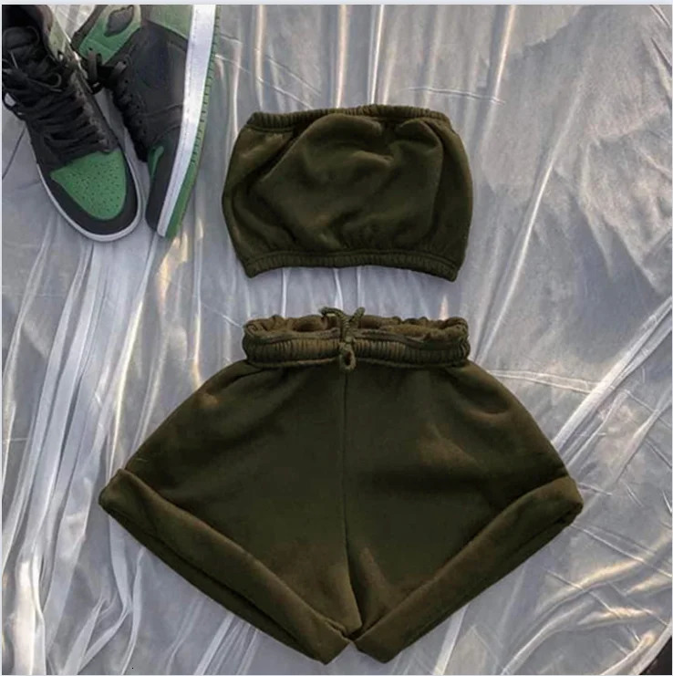 Summer Solid Color Lace Up Tracksuits Women Sleeveless Backless Tube And Shorts Two Piece Sets Casual 2pcs Outfits 250704