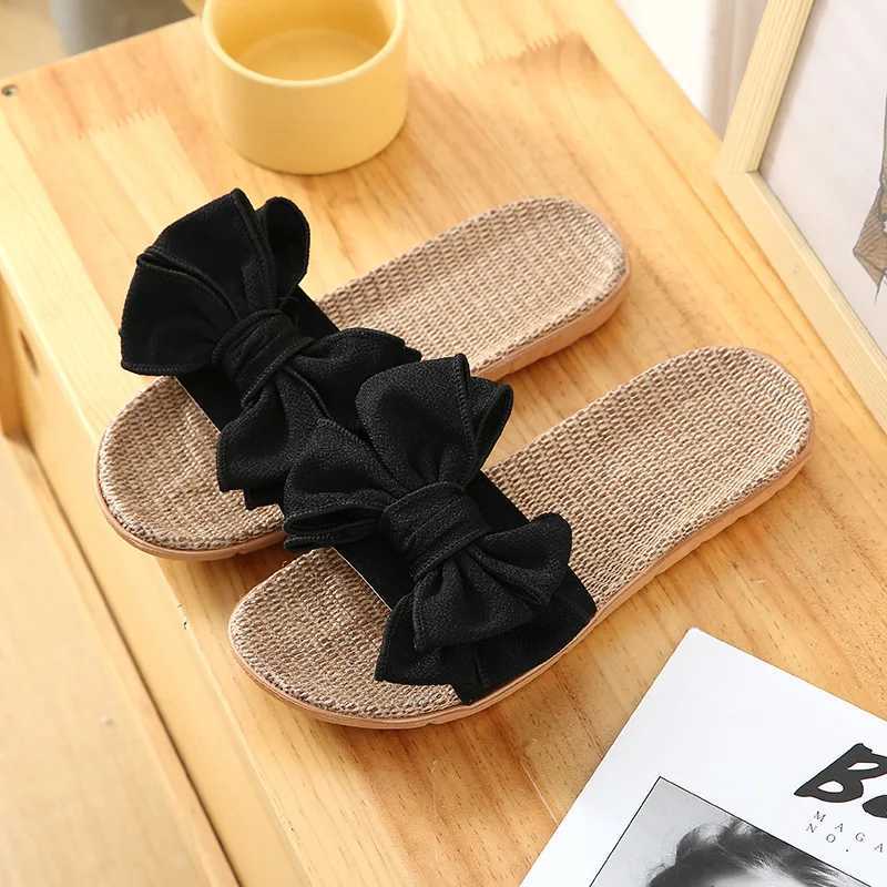 Women Summer Casual Slides Comfortable Flax Slippers Striped Bow Linen Flip Flops Platform Sandals Ladies Indoor Shoes W250704