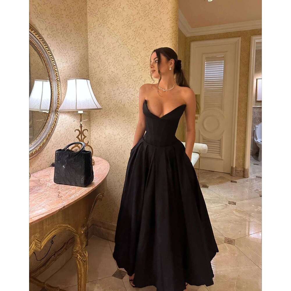 Suninheart Black Elegant Wedding Events Sexy Strapless Corset Dress Midi Christmas Party Dresses for Women Clothing
