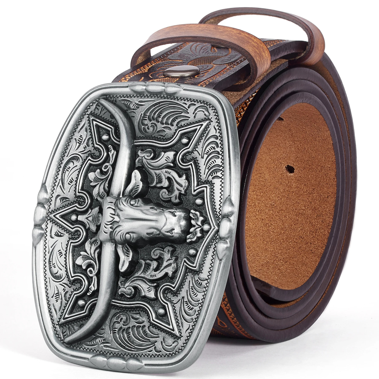BISON DENIM Mens Belt Western Embossed Genuine Leather Men Cowboy Belts With Longhorn Bull Buckle Pattern Floral Belt For Men 250701
