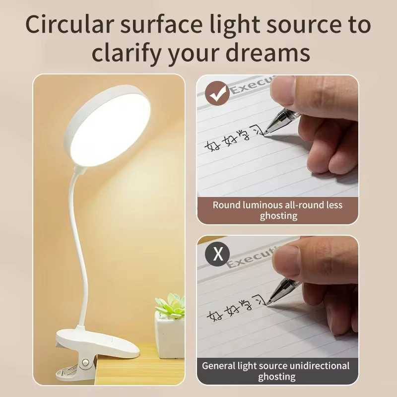 LED Portable Clip Table Lamp USB Rechargeable Clip Desk Lamp Bed Reading Night Light Touch 3 Dimming Modes Eye Protection Light XJ250703