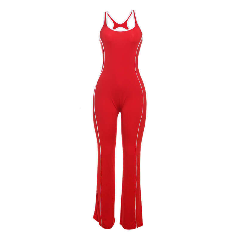 European and American Summer Fashion Backless Slim Fit Color Block Hip-lifting Yoga Casual Jumpsuit for Women 2025 New Elegant Unique Clothing