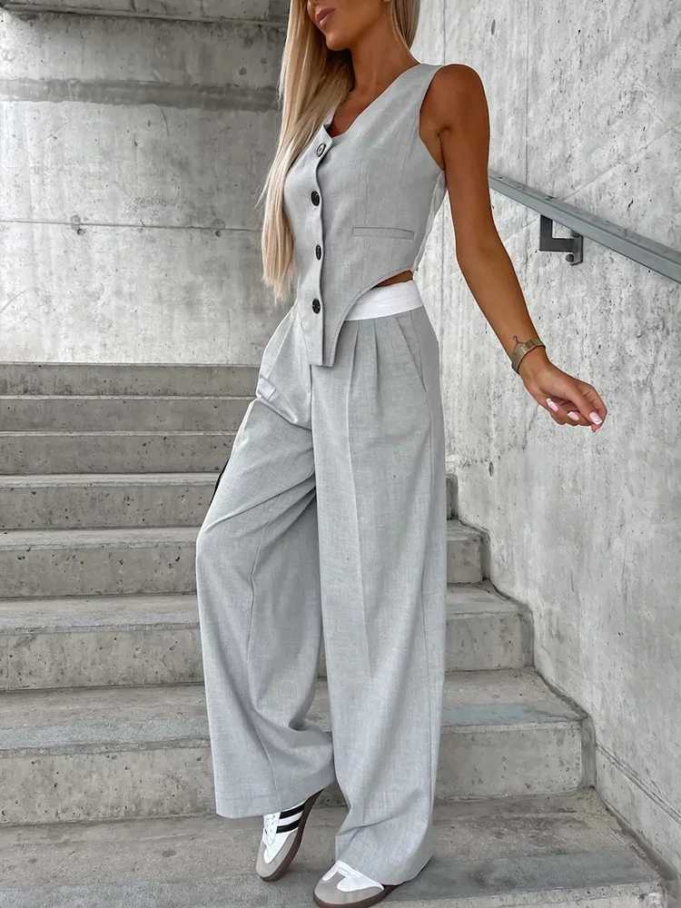 2025 Autumn Casual Suit sets for women 2 pieces V-neck Slveless Colorblock Vest Top Ruched Pants Set Trousers Y2K Mujar X250704