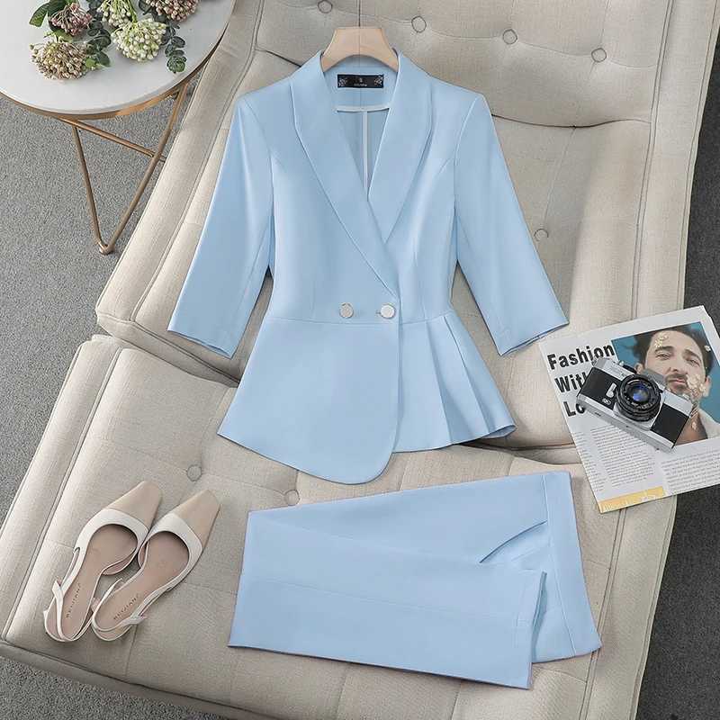 ZJYT Fashion Spring Ladies Pant Suit Women Office Formal Thr Quarter Slve Blazer Trousers Set Two Piece Outfit Plus Size X250704