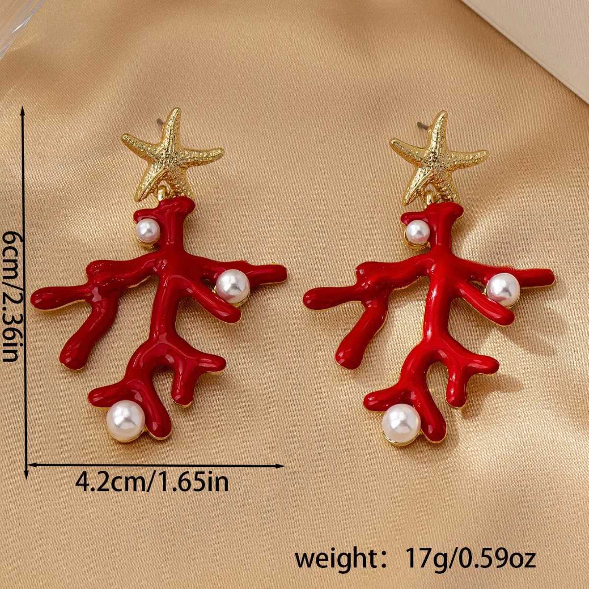Fashion Red Coral Earrings for Women Elegant Imitation Pearls Starfish Earrings Bohemia Summer Beach Jewelry Accessory Y250704